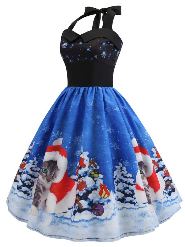 Christmas Hat Cat Print Shirred Sleeveless Dress - Image 9