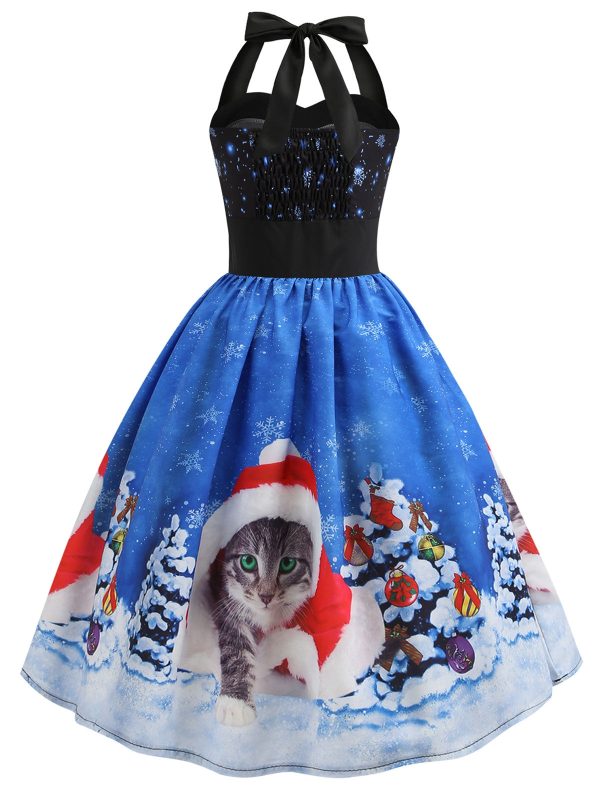 Christmas Hat Cat Print Shirred Sleeveless Dress - Image 10