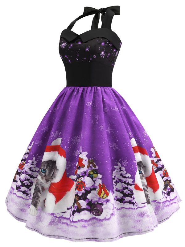 Christmas Hat Cat Print Shirred Sleeveless Dress - Image 6