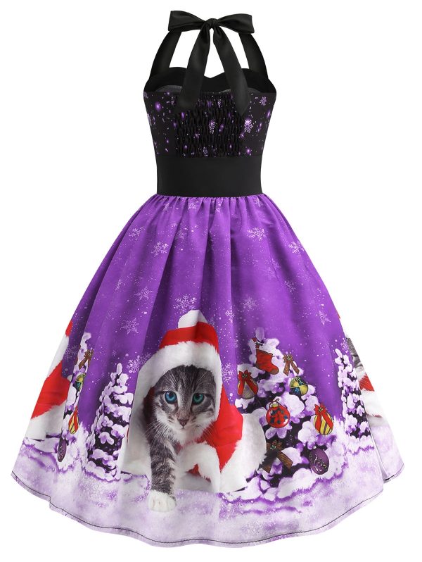 Christmas Hat Cat Print Shirred Sleeveless Dress - Image 7