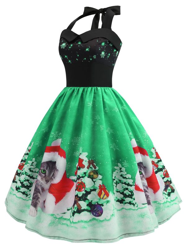 Christmas Hat Cat Print Shirred Sleeveless Dress - Image 4