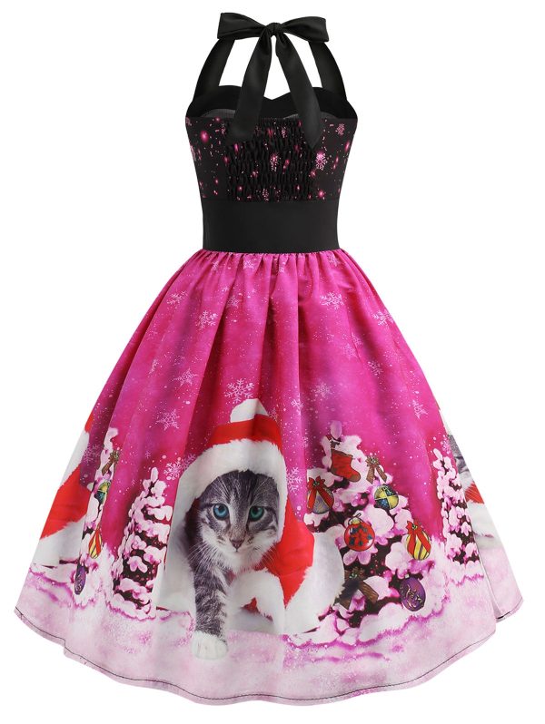 Christmas Hat Cat Print Shirred Sleeveless Dress - Image 3