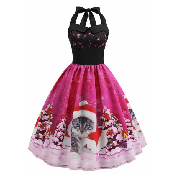 Christmas Hat Cat Print Shirred Sleeveless Dress