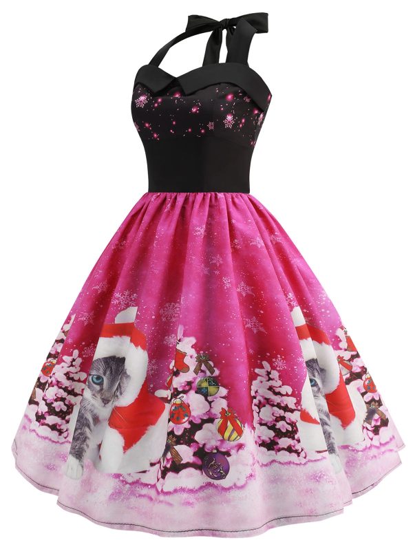 Christmas Hat Cat Print Shirred Sleeveless Dress - Image 2