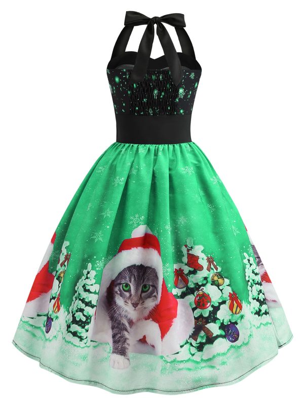 Christmas Hat Cat Print Shirred Sleeveless Dress - Image 5