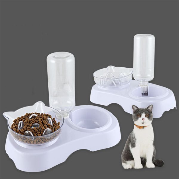 Cat Bowl 2-in-1 Food Water Feeder Bowl Automatic Waterer Bottle Inclined Design for Cats and Dogs - Image 6