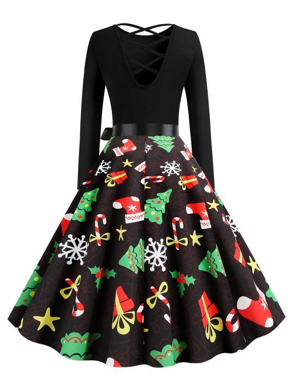 Christmas Berry Santa Claus Gift Stocking Print Long Sleeve Dress - Image 6