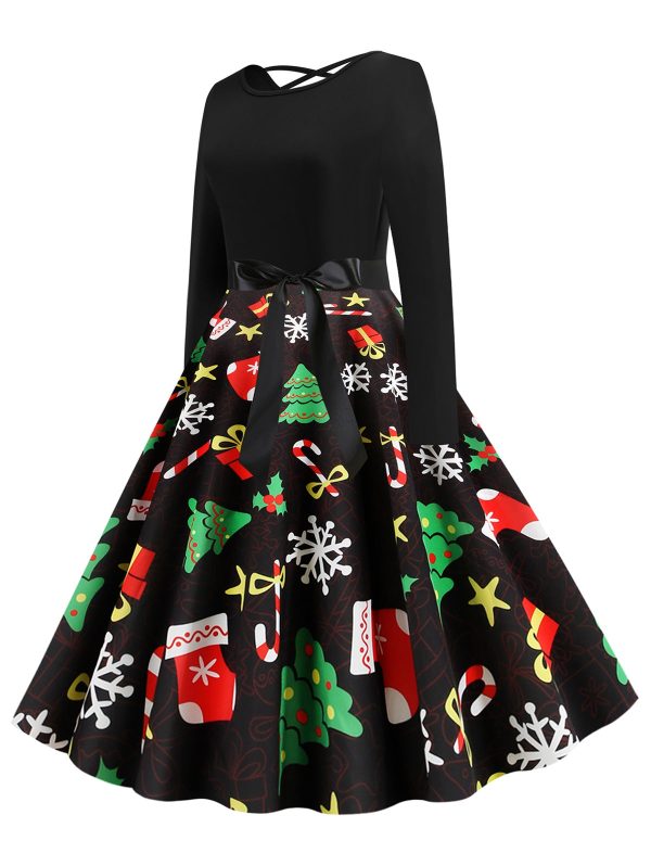 Christmas Berry Santa Claus Gift Stocking Print Long Sleeve Dress - Image 5