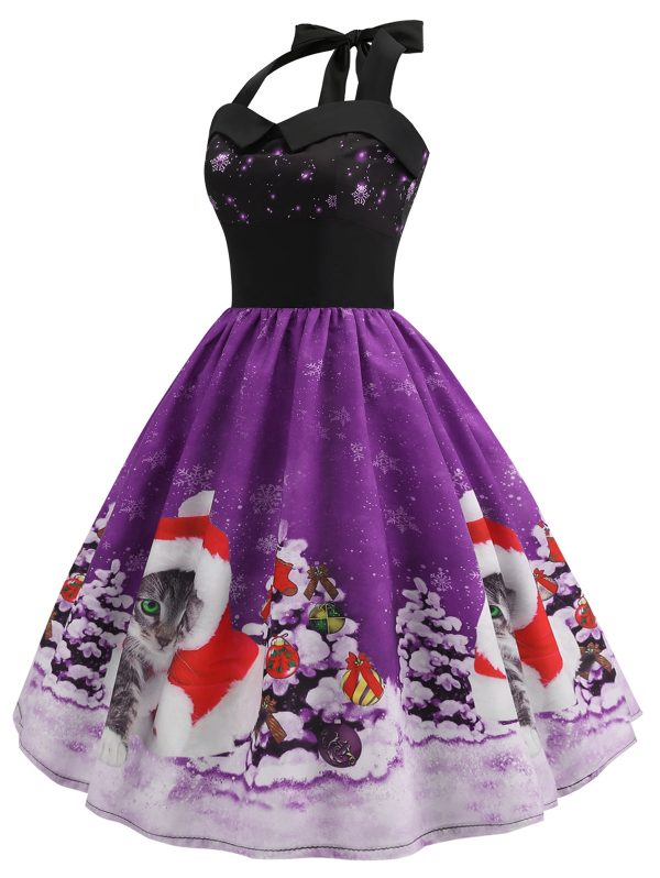 Christmas Tree Cat Snowflake Smocked Back Halter Plus Size Dress - Image 2