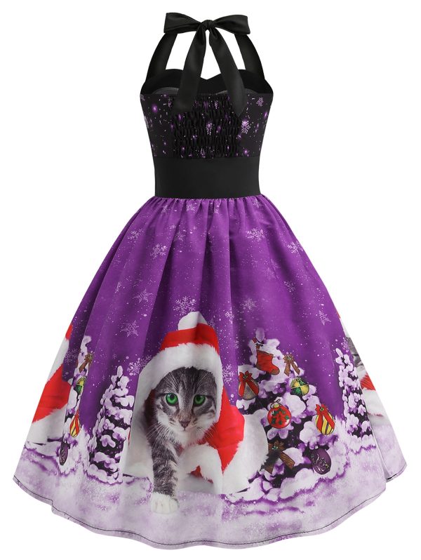 Christmas Tree Cat Snowflake Smocked Back Halter Plus Size Dress - Image 3
