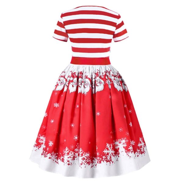 Christmas Santa Claus Stripe Print Belted Vintage Flare Dress - Image 5