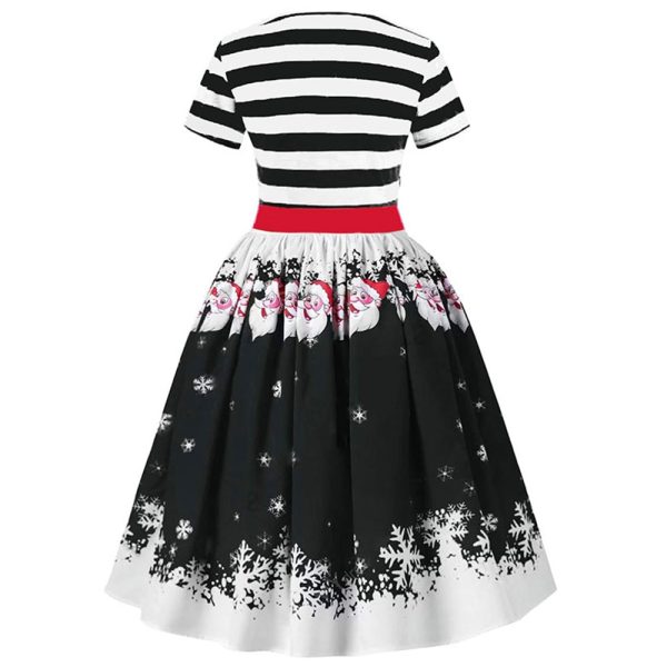 Christmas Santa Claus Stripe Print Belted Vintage Flare Dress - Image 3