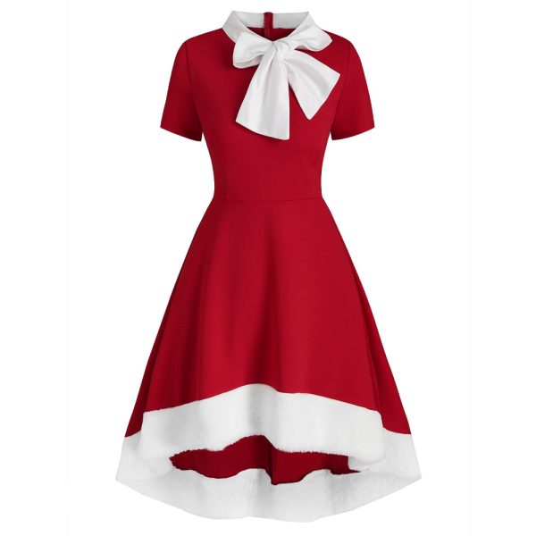 Christmas Bow Tie Collar Faux Fur Panel Dip Hem Dress
