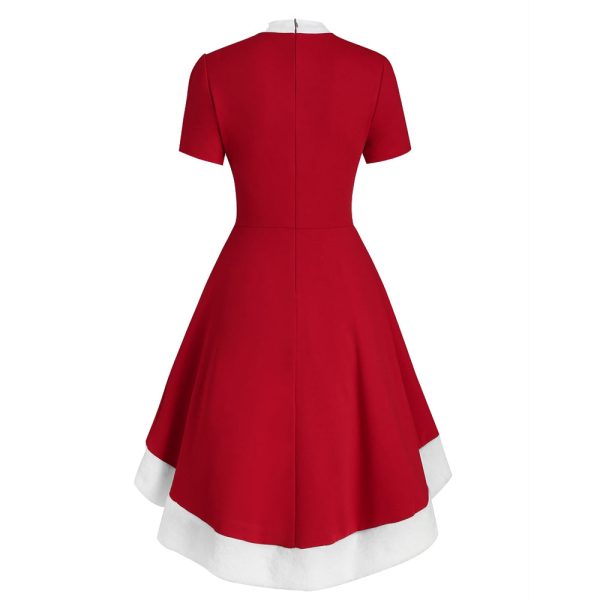 Christmas Bow Tie Collar Faux Fur Panel Dip Hem Dress - Image 2