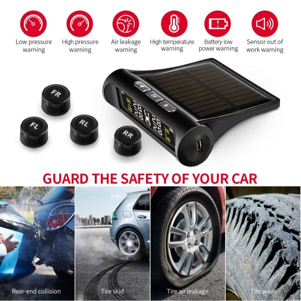 AutoLover TY02 Tire Pressure Monitoring System Solar TPMS USB Charging Clear Screen Real-time Tester 4 External Sensors - Image 3