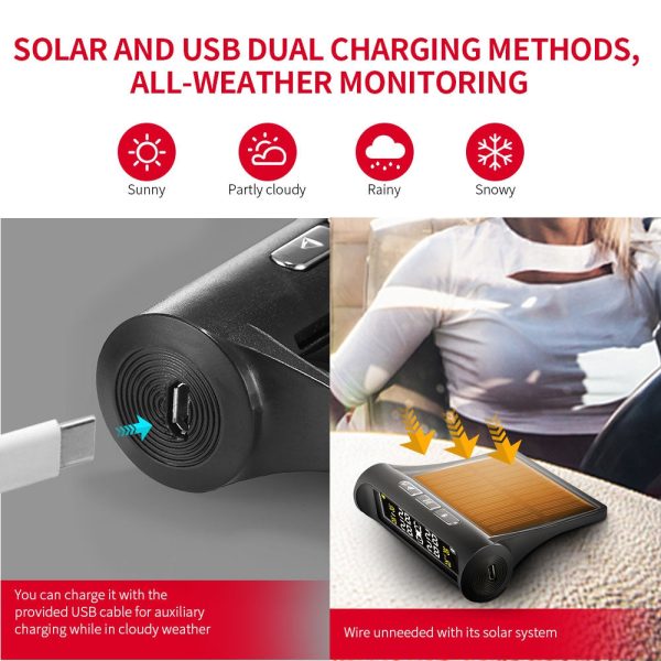 AutoLover TY02 Tire Pressure Monitoring System Solar TPMS USB Charging Clear Screen Real-time Tester 4 External Sensors - Image 4