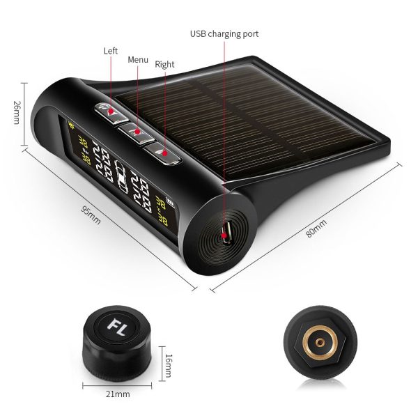 AutoLover TY02 Tire Pressure Monitoring System Solar TPMS USB Charging Clear Screen Real-time Tester 4 External Sensors - Image 7