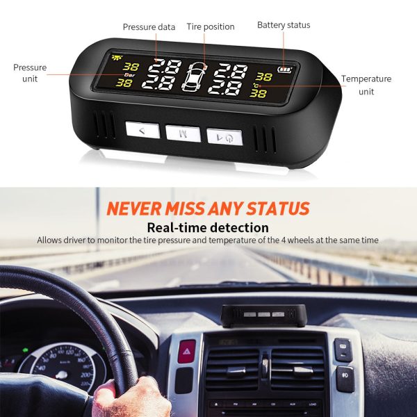 AutoLover TY16 Tire Pressure Monitoring System Solar TPMS USB Charging Clear Screen Real-time Tester 4 External Sensors - Image 2