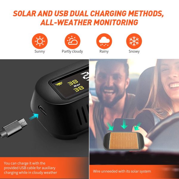 AutoLover TY16 Tire Pressure Monitoring System Solar TPMS USB Charging Clear Screen Real-time Tester 4 External Sensors - Image 4