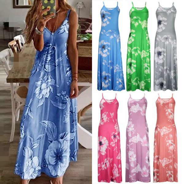 Boho Spaghetti Strap Floral Sling Dress Vintage Flower Print Sleeveless Long Maxi Dresses - Image 9