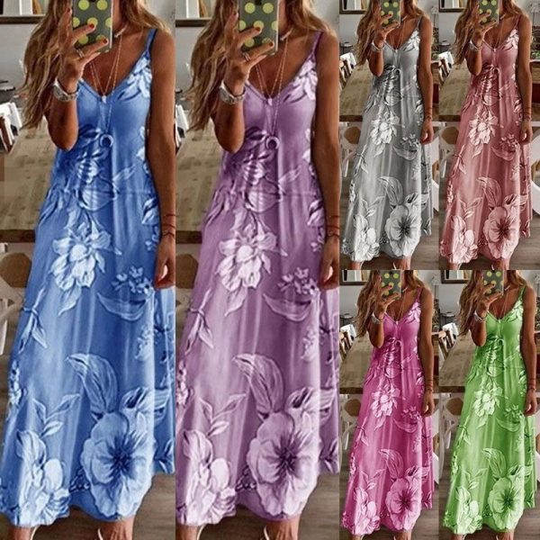 Boho Spaghetti Strap Floral Sling Dress Vintage Flower Print Sleeveless Long Maxi Dresses - Image 10