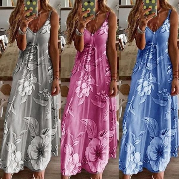 Boho Spaghetti Strap Floral Sling Dress Vintage Flower Print Sleeveless Long Maxi Dresses - Image 11