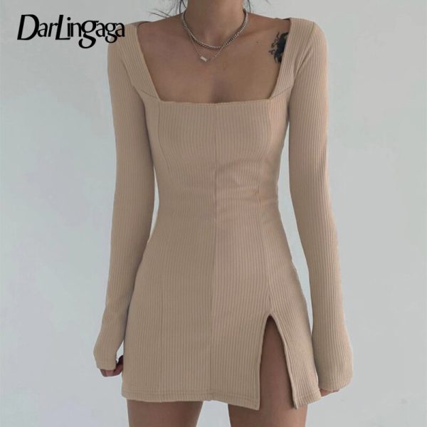 Darlingaga Elegant Square Neck Ribbed Black Dress Female Knitted Side Split Bodycon Long Sleeve Fashion Mini Dresses Basic - Image 2