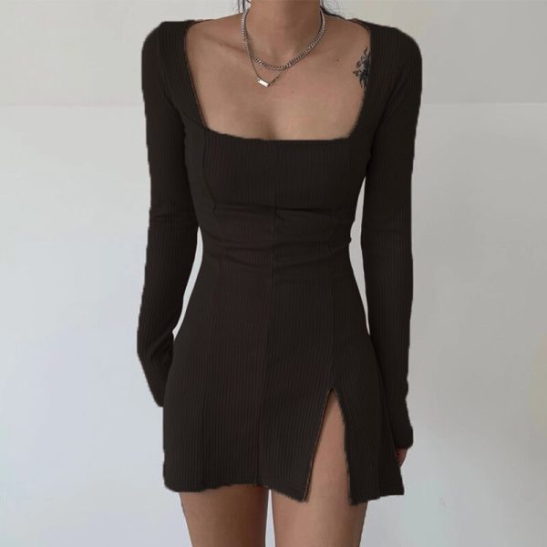 Darlingaga Elegant Square Neck Ribbed Black Dress Female Knitted Side Split Bodycon Long Sleeve Fashion Mini Dresses Basic - Image 3