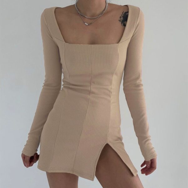 Darlingaga Elegant Square Neck Ribbed Black Dress Female Knitted Side Split Bodycon Long Sleeve Fashion Mini Dresses Basic - Image 4
