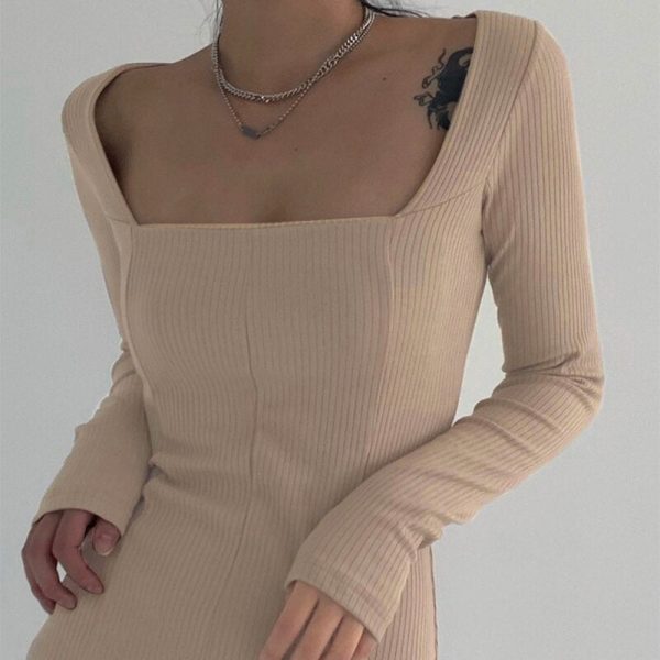 Darlingaga Elegant Square Neck Ribbed Black Dress Female Knitted Side Split Bodycon Long Sleeve Fashion Mini Dresses Basic - Image 5