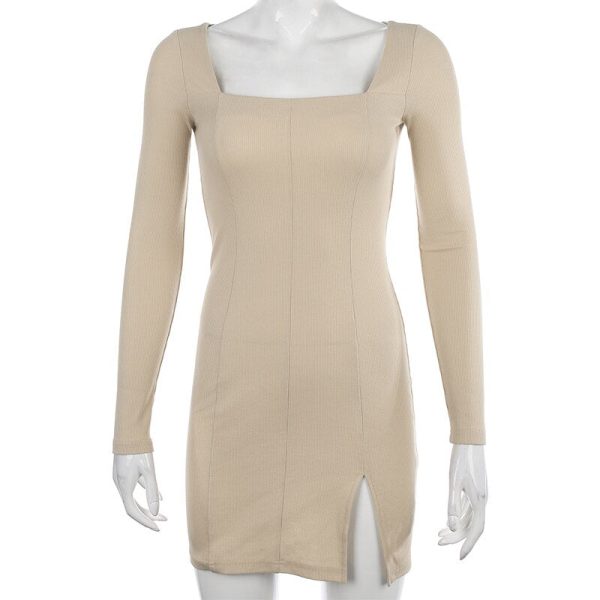 Darlingaga Elegant Square Neck Ribbed Black Dress Female Knitted Side Split Bodycon Long Sleeve Fashion Mini Dresses Basic - Image 6