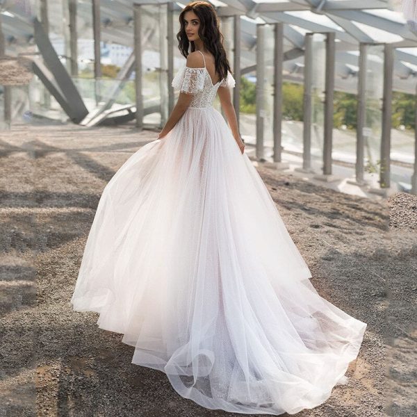 Bohemian Spaghetti Strap Wedding Lace Dress Design Short Ruffles Bridal A Line See-Through Gown - Image 3