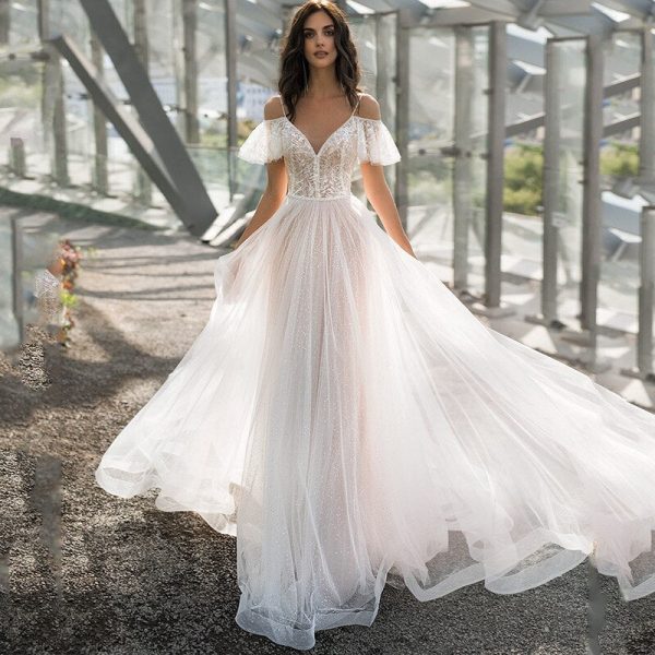 Bohemian Spaghetti Strap Wedding Lace Dress Design Short Ruffles Bridal A Line See-Through Gown - Image 5