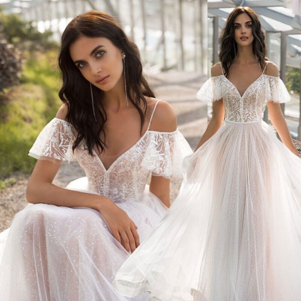 Bohemian Spaghetti Strap Wedding Lace Dress Design Short Ruffles Bridal A Line See-Through Gown - Image 6