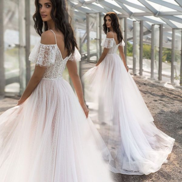 Bohemian Spaghetti Strap Wedding Lace Dress Design Short Ruffles Bridal A Line See-Through Gown - Image 7
