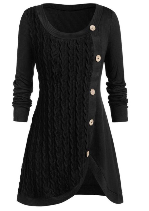 Button Two Tone Round Collar Sweater - Image 5