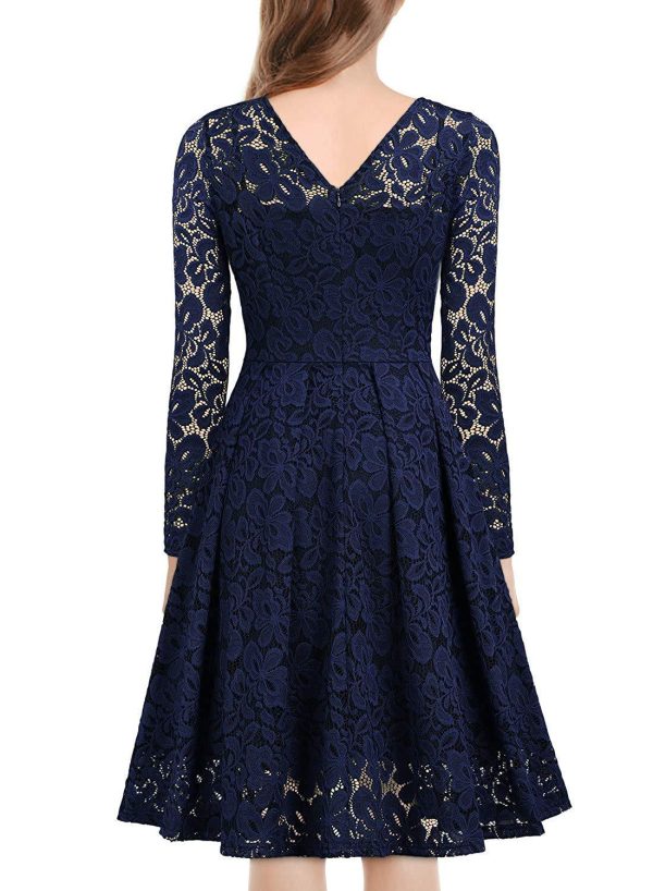 Christmas Dresses Women Lace V-neck Ruffle Hollow Out Midi dresses - Image 7