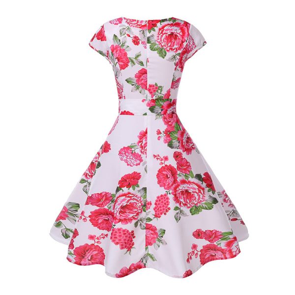 Boat Neck Cap Sleeve Floral Print A-line Zipper Women Dress - Image 2