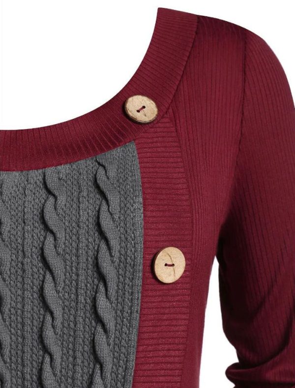 Button Two Tone Round Collar Sweater - Image 2