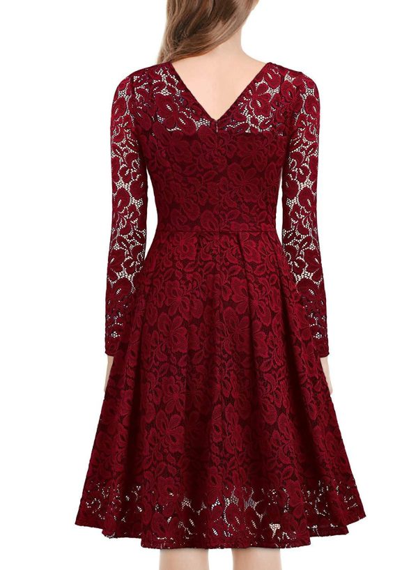 Christmas Dresses Women Lace V-neck Ruffle Hollow Out Midi dresses - Image 2