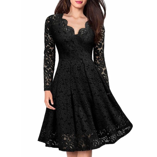 Christmas Dresses Women Lace V-neck Ruffle Hollow Out Midi dresses - Image 9