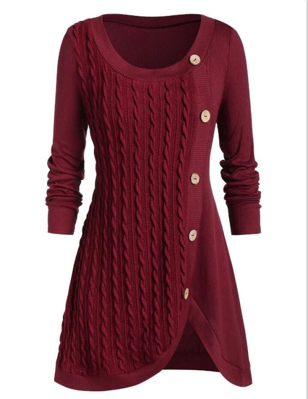 Button Two Tone Round Collar Sweater - Image 6