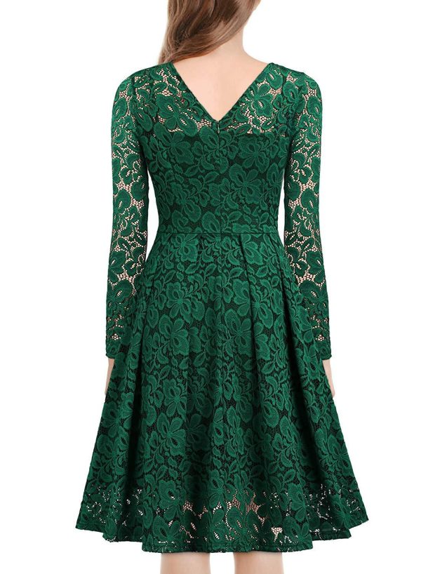 Christmas Dresses Women Lace V-neck Ruffle Hollow Out Midi dresses - Image 4